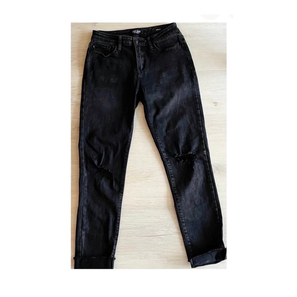 Judy Blue Black Distressed Skinny Jeans 26 High Rise Slim Fit Raw Hem Stretch
